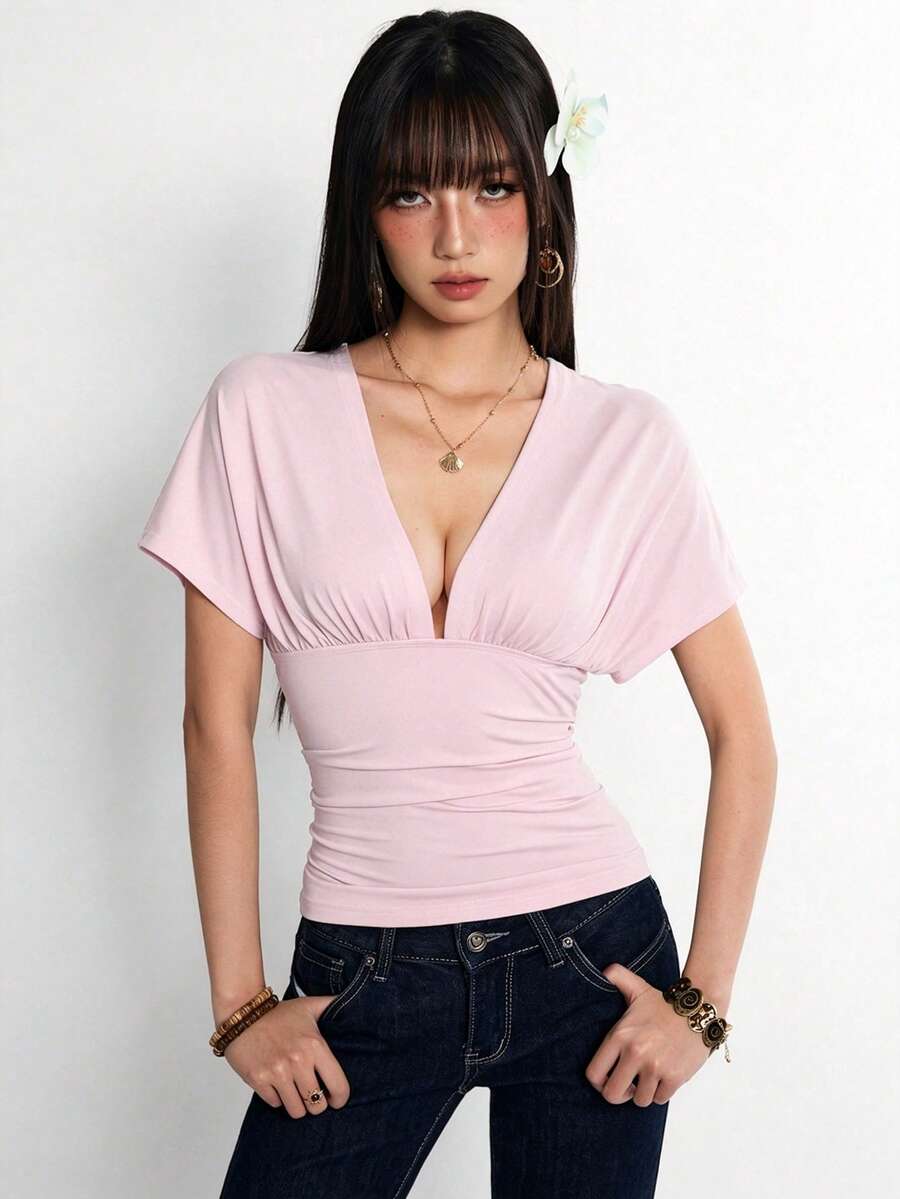 Rina Fox 女款薄荷藍深V領後背繫帶短袖性感修身上衣 - 粉色 - 查看 1