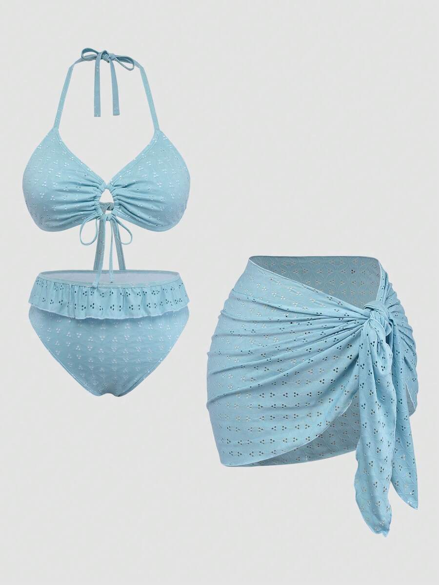Sweetra Plus Size Women's Summer Beach Halter Neck Bikini Set With Cover-Up Skirt - Blue - View 1