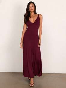 COSMINA Women's Elegant V-Neck Long Spaghetti Strap Dress Vacation Red Wine Summer - Burgundy - View 3