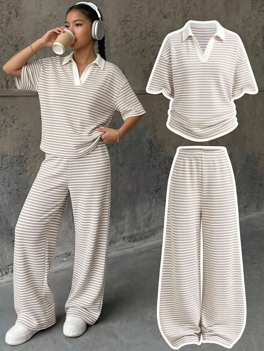 SHEIN 青少年女孩T恤套裝休閒POLO領對比色白色卡其色紋理提花針織寬鬆落肩休閒街頭風運動街頭休閒2件組,返校穿搭,可愛,假期家庭戶外春季野餐日常穿著,適合各種場合 - 卡其色 - 查看 1