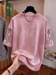 GlowEve Camiseta de verano 2026 nueva de imitación de mezclilla, camiseta de mezclilla rosa de cuello redondo y manga corta, decoración de estampado de imitación 3D de strass y perlas, adorno de strass brillante, estilo callejero vintage, ajuste holgado y casual, salida de verano, fiesta, cita, top esencial para uso diario - Rosa - Ver 2