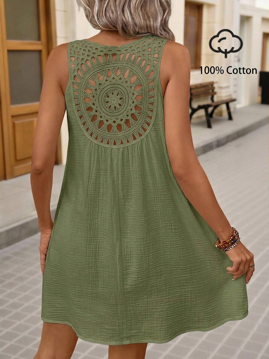 Brillora Summer Boho Solid Hollow Out Black Tank Dress - Olive Green - View 1