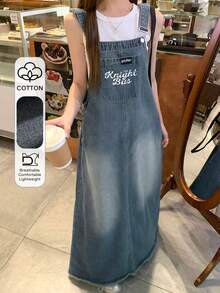 DAZY Overall Jumpsuit Denim Washed dengan Motif Huruf untuk Wanita - Biru - View 1