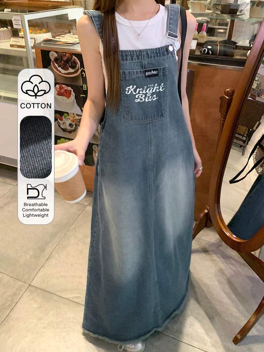 DAZY Overall Jumpsuit Denim Washed dengan Motif Huruf untuk Wanita - Biru - View 1