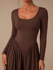 COSMINA Women's Solid Color Square Neck Long Sleeve Pleated Elastic Leg Fashion Jumpsuit Brunch Holiday Dark Brown Autumn Elegant Casual Tea Party Travel - Brown - View 6