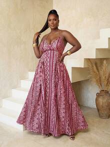 BamGlimmer Plus Size Halter Neck Maxi Dress, Vintage , Unique Design Print, Multi-Color Women's Dress, Fashionable Vacation Wear, Suitable For Travel, Holiday, Party, Gathering, Romantic And Vibrant - Multicolor - View 4