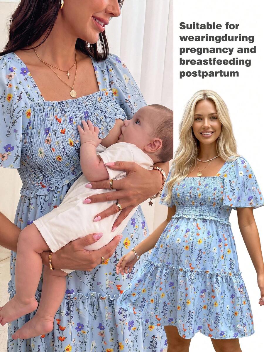 SHEIN 孕婦度假用花卉印花抽繩設計哺乳洋裝