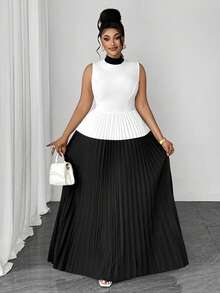 Maweii Black And White Color Block High Neck Sleeveless Pleated Long Evening Gown, Waist-Defining Slimming Formal Banquet Full Skirt Dress - Black and White - View 5