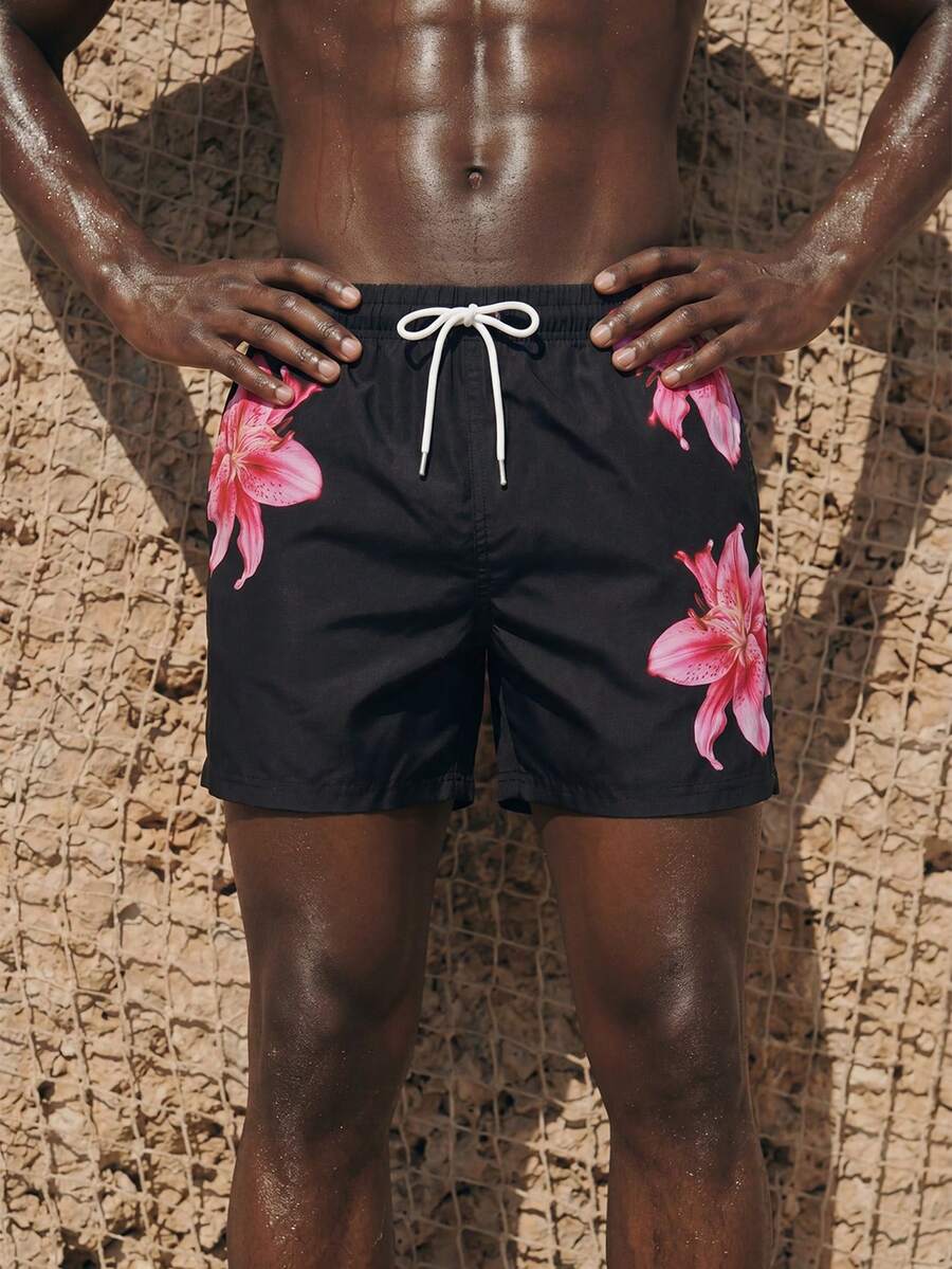 Manfinity VDAYZ Herren Lässig Shorts mit Blumenprint, Hawaii-Stil - Schwarz - Übersicht 1