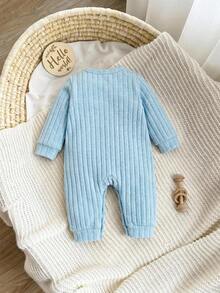 SHEIN Bộ đồ liền thân dệt kim gân họa tiết slogan cho bé trai - Màu xanh lam - Xem 3