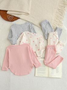 SHEIN Playful Pals Baby Girl Comfortable Round Neck Long Sleeve T-Shirt And Long Pants Set - Baby Pink - View 2
