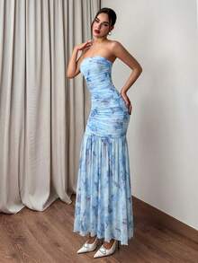 Firerie Women's Light Blue Floral Printed Pleated Bandeau Vacation Fashion Dress Holiday Vacation Summer Tropical - Blue - View 9