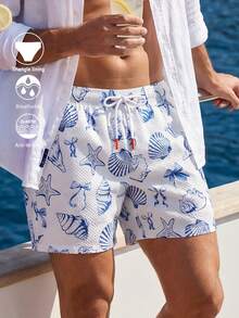 Manfinity Swimmode Men's Shell Print Drawstring Waist Casual Vacation Beach Shorts,White And Blue Summer Holiday 5 Inch Inseam Swim Trunks,Pool Party Slant Pocket - Blue and White - View 1