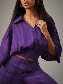 NYA SZN Conjunto a juego con top con cremallera y pantalón de pierna ancha a rayas - Morado - Ver 4