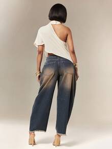 Denimoi Women's Button Half-Placket Pocket Distressed Frayed Hem Barrel Leg Jeans - Blue - View 4