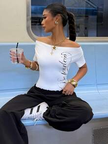 Muchica English Letter Print Off-Shoulder White And Black Sports Sporty Jumpsuit Football Jersey Gym Y2K Athleisure City Break Vacation Football USA Soccer - White - View 6