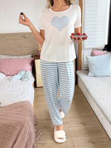 SweetSlumber Heart Stripe Print Knit Round Neck Women's Pajama Short Sleeve Long Pants Set - Multicolor - View 4