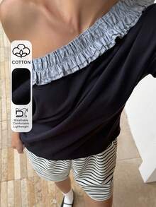 DAZY Casual Loose Fit Asymmetrical Shoulder Frill Trim Women T-Shirt - Navy Blue - View 1