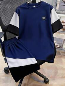 SHEIN 青少年男童休閒拼色插肩袖T恤短褲套裝，適合通勤、上學、日常休閒穿著、運動，春夏季 - 彩色 - 查看 7