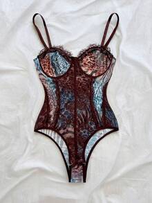 Soleia (No Chest Padding)Plus Size Sexy Leopard Print Lace Trim Underwire Bodysuit - Multicolor - View 4