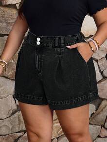 EMERY ROSE Women's Casual Denim Shorts With Pocket And Button Design - Black - View 3