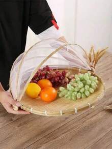 1pc Handwoven Food Service Tent Basket Tray, Fruit Outdoor Cover Insect Bamboo Woven Storage Basket Picnic Scoop Tool - Wood Color - View 8
