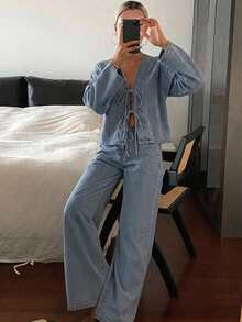 Livesso 女款夏季短袖前綁帶上衣與寬腿牛仔褲套裝 - 藍色 - 查看 8