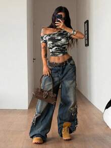 Coolane 女款春季街頭風 Grunge 哥德復古 Y2K 龐克風 黑色不對稱領貼身短袖 T-shirt，附金屬孔眼設計 - 彩色 - 查看 6