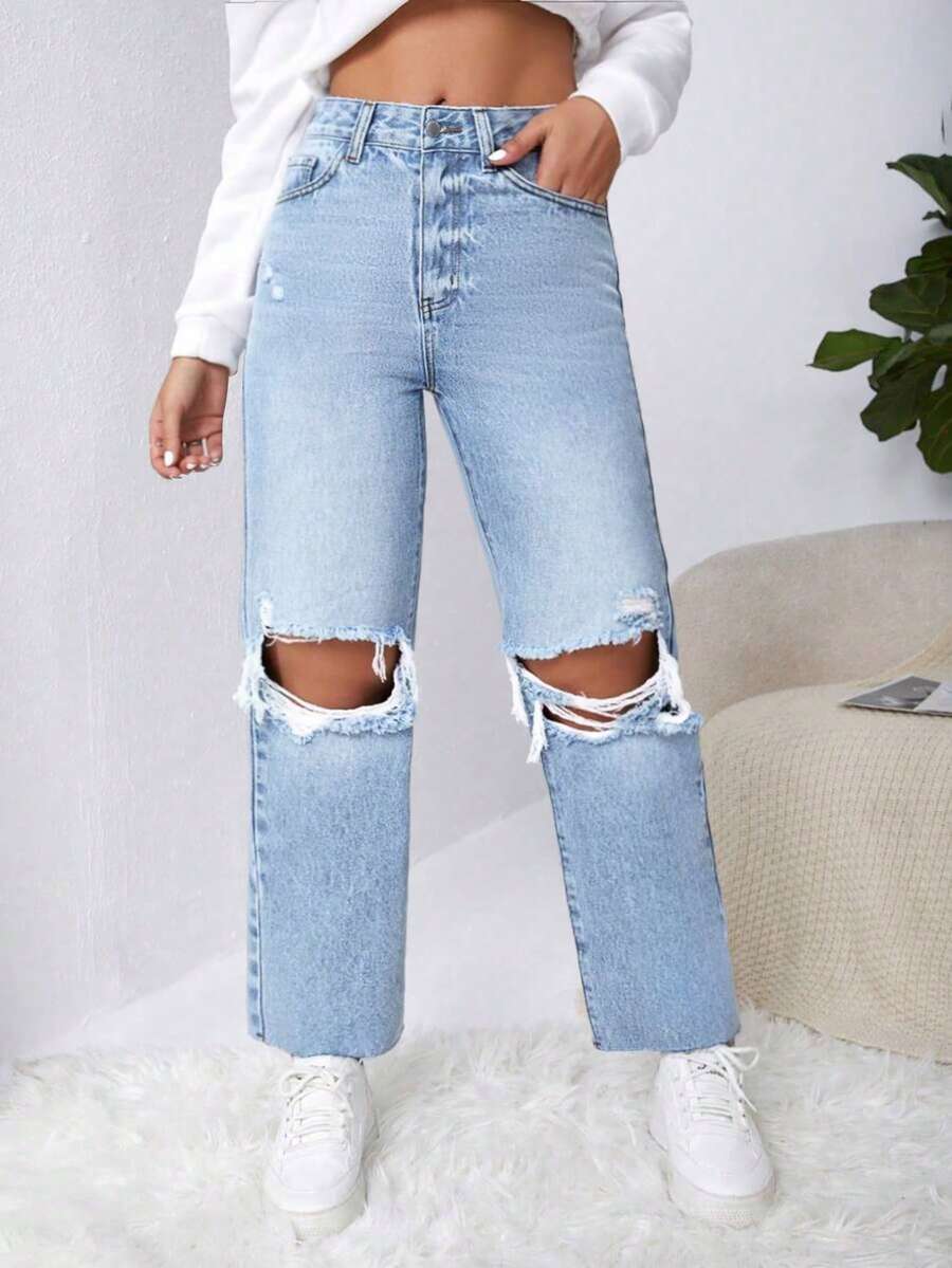 Rivivi Plus Size Distressed Denim Jeans Spring Summer Back-To-School Light Blue Beach Baggy Birthday Club Goth Vacation Cowboy - Medium Wash - View 1