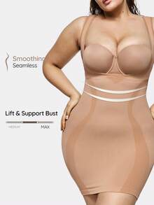 SHAPORA Vestido Modelador Sem Costura com Abertura Frontal Plus Size, Ajuste Slim, Controle Abdominal, Barriga Plana, Alta Elasticidade, Macio e Confortável, Uso Diário Não Restritivo - Damasco - Visão 1