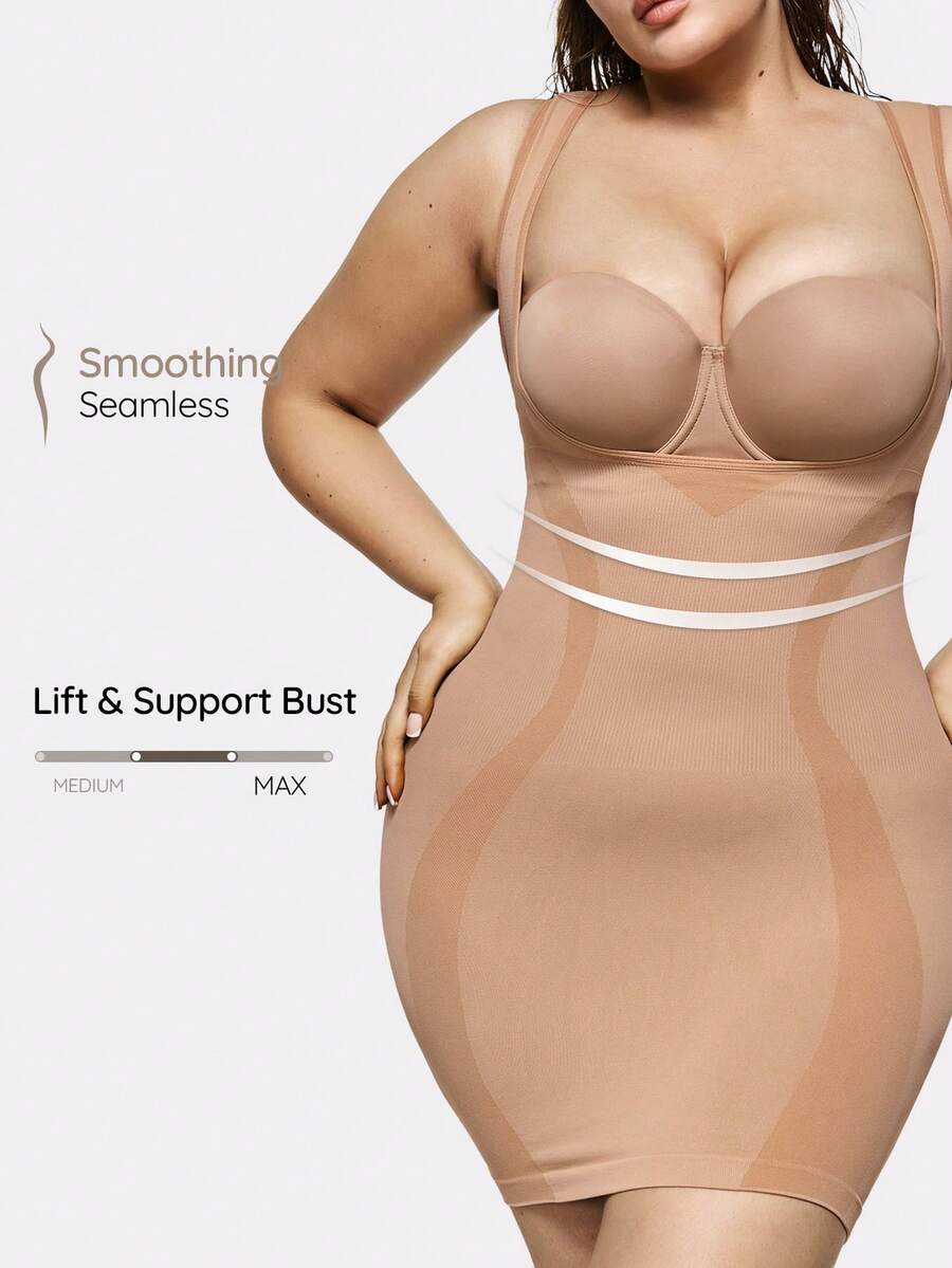 SHAPORA Vestido Modelador Sem Costura com Abertura Frontal Plus Size, Ajuste Slim, Controle Abdominal, Barriga Plana, Alta Elasticidade, Macio e Confortável, Uso Diário Não Restritivo - Damasco - Visão 1