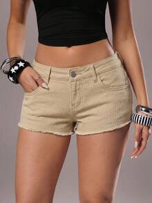 TRNVIE Modische lässige Hot Girl Style Denim Shorts mit ausgefranstem Saum und niedriger Taille - Khaki - Übersicht 3