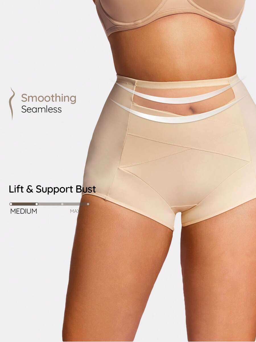 SHAPORA Plus Size Solid Color Open Back Mesh Patchwork Shapewear Bottom - Beige - View 1
