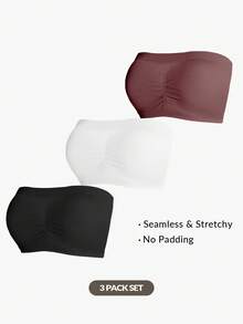SHAPORA 2026 Hot Selling Women's Fashionable & Comfortable Minimalist Solid Color High Quality Seamless Plus Size Bandeau Bra 3 Pieces Set - Multicolor - View 3