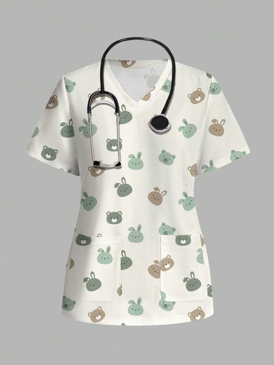 PopScrub Women's Scrub Top With Cute Rabbit And Bear Print Pattern, Suitable For Children's Hospital, Pet Hospital - Multicolor - View 1