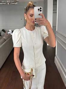 Lumalex Women's Elegant High Neck Gigot Sleeve Slim Fit Ivory Short Sleeve Blazer, Waist-Cinching Elegant Women's Blouse, Outing Top, Women's Outing Top, Women's Office Blouse, Women's Office Blouse, Formal Business Blouse, Luxurious New Year New Look, Low-Key Luxury, Ball Party Gathering Banquet, Low-Key Luxury, Sparkling Holiday Party Celebration - Apricot - View 4