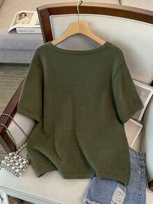 GlowEve CURVE Plus Size Casual Elegant Geometric Pattern Button V-Neck Knit Top Formal Morning Olive Green Summer - Green - View 2