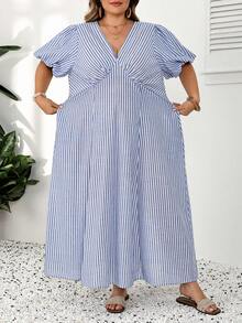 SHEIN CURVE+ Plus Size Women's Puff Sleeve V-Neck Loose Striped Dress - Blue - View 1