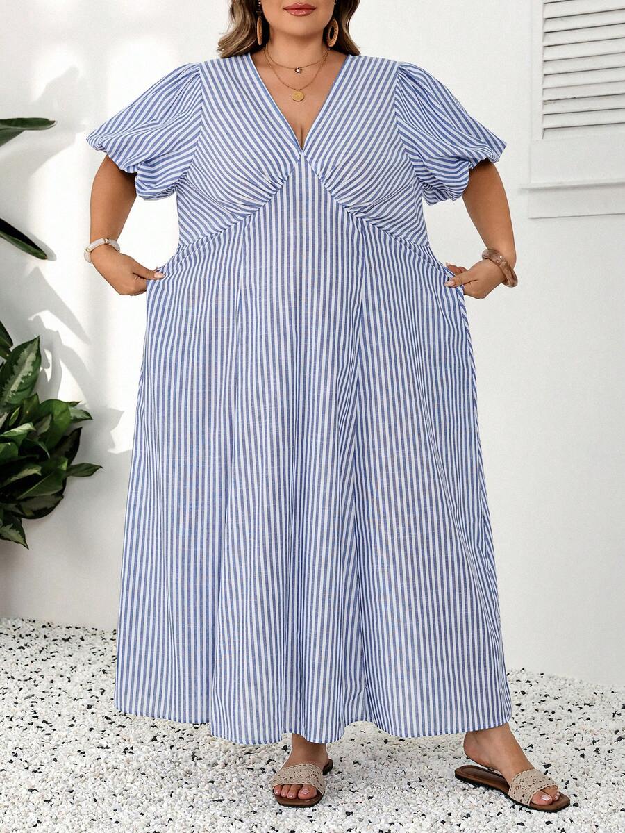 SHEIN CURVE+ Plus Size Women's Puff Sleeve V-Neck Loose Striped Dress - Blue - View 1