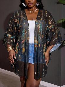 SHEIN CURVE+ Talla Grande Cubierta Transparente con Estampado de Plumas para Vacaciones en la Playa - Multicolor - Ver 4