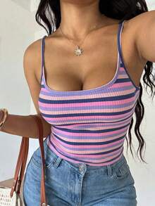 Solflare Plus Size Women's Striped Colorblock Fashion Vacation Cami Tank Top - Multicolor - View 5