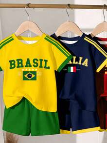 6pcs/Set Young Boys' Casual Colorblock Sports Jersey, Short Sleeve Round Neck T-Shirt And Matching Shorts, Comfortable Sports Outfit For Daily, Holidays, World Cup, New SS26 Fashion Summer Outfits - Multicolor - View 4