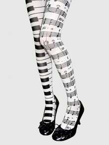 ROMWE Anime 1 chiếc quần legging nữ thời trang màu trơn kẻ sọc in chữ ghi chú họa tiết nhạc cụ âm nhạc - PP trắng - Xem 1