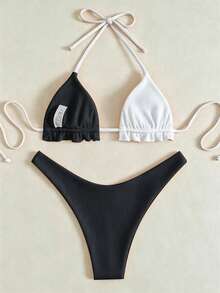 Swim Basics Damen Sommer Strand Farbblock Neckholder Bindung Sexy Mode Bikini Zweiteiler Badeanzug Set, ohne Bügel - Schwarz und Weiss - Übersicht 2