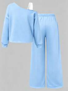 SHEIN 青少年女孩秋冬套裝，不對稱肩領設計配肩帶拼接運動衫套裝 - 藍色 - 查看 2