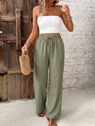 SHEIN Frenchy Women's Waist Tie Green Striped Fashion Versatile Long Pants