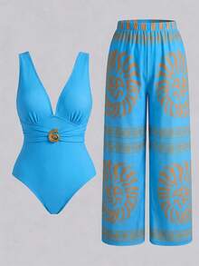 Swim Oasis 新款大尺碼女款收腹顯瘦性感V領連身網紗長褲兩件式泳衣 - 淺藍色 - 查看 1