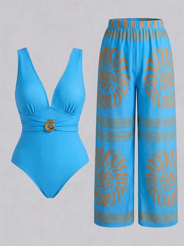 Swim Oasis Nuevo traje de baño de dos piezas para mujer talla grande con control de abdomen, efecto adelgazante, sexy, escote en V, malla y pantalones largos