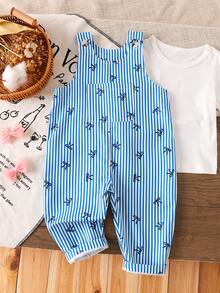 SHEIN Playful Pals 女嬰可愛直條紋滿版蝴蝶結印花前口袋休閒吊帶褲連身褲單件 - 藍色 - 查看 3