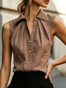 SHEIN Sleeveless Collared Shirt, Pleated Design To Flatter Shoulder And Neckline, Pearl Button Accents, Elegant And Professional, Suitable For Commuting Or Daily Wear - Brown - View 4